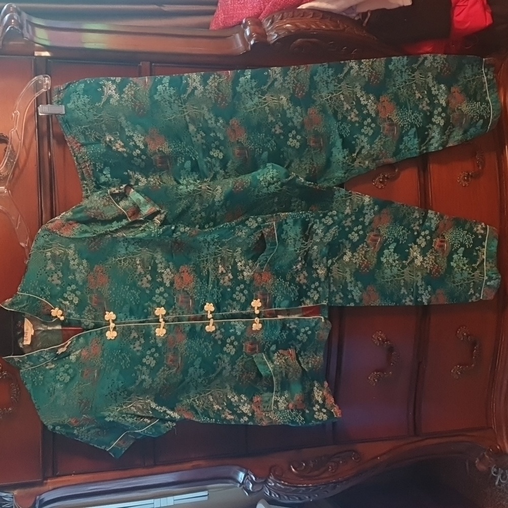 Vtg 1960 Chinese Traditional Floral Satin Brocade 2pc Set SZ Large